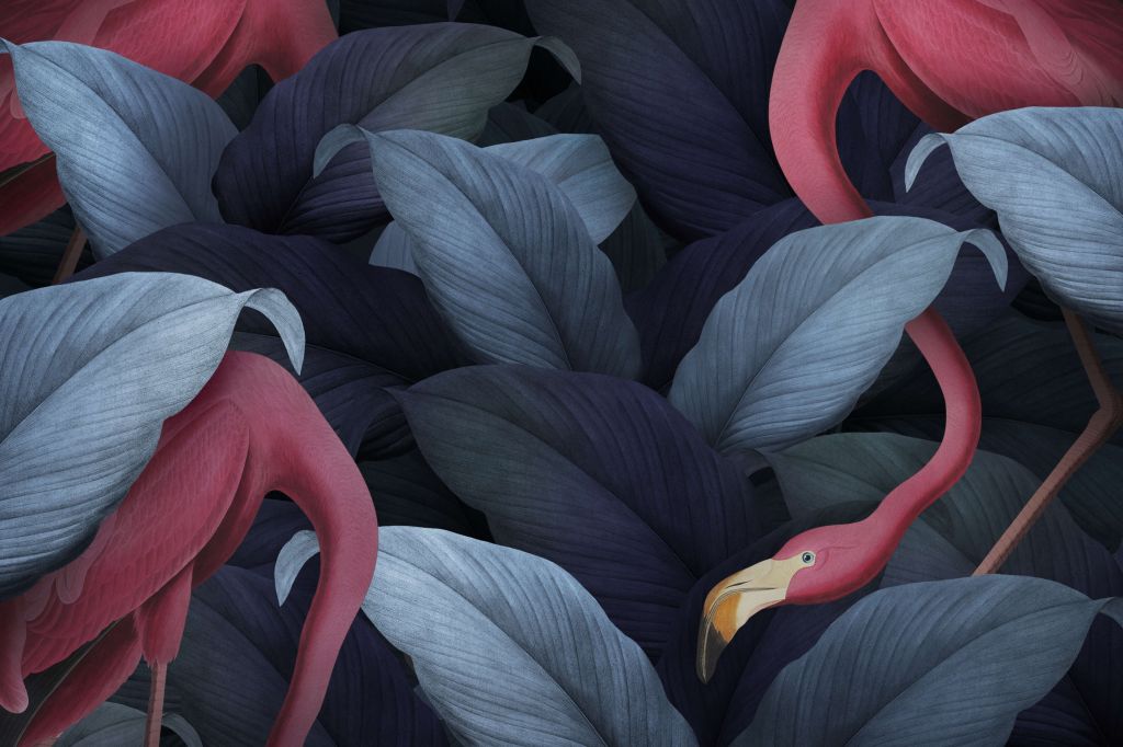 Flamingos mit Blättern