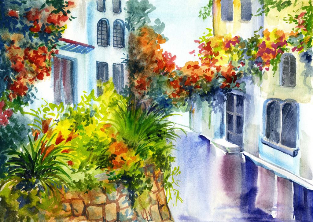 Aquarell Blumen und Gebäude