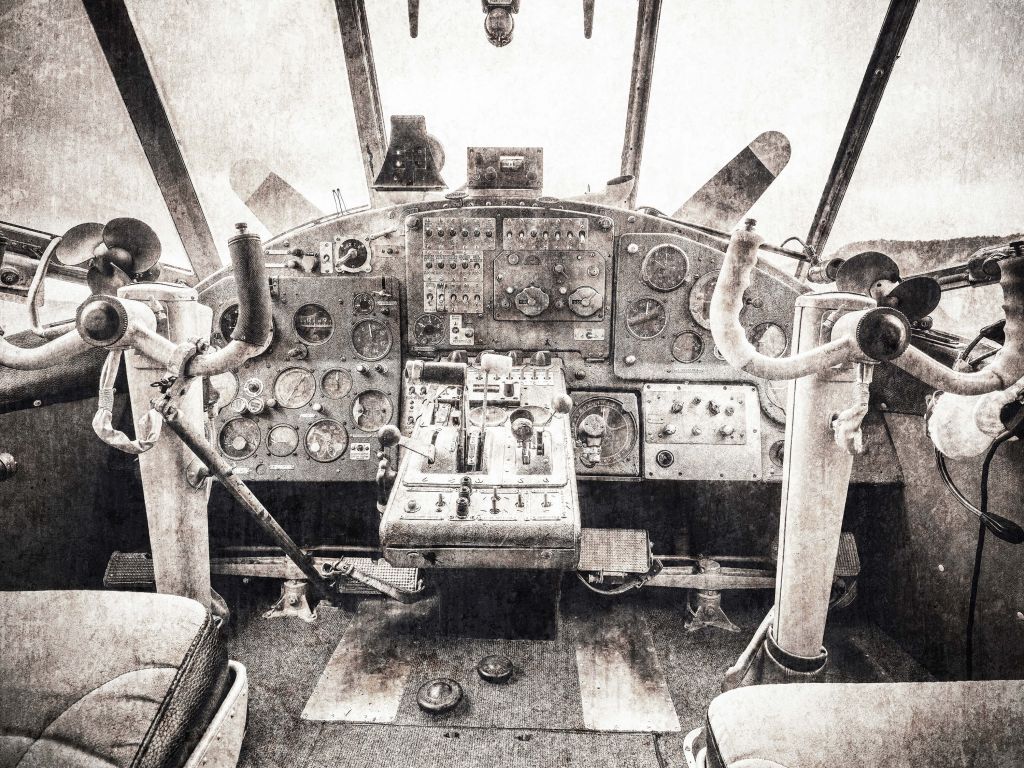 Cockpit eines Flugzeugs in Sepia