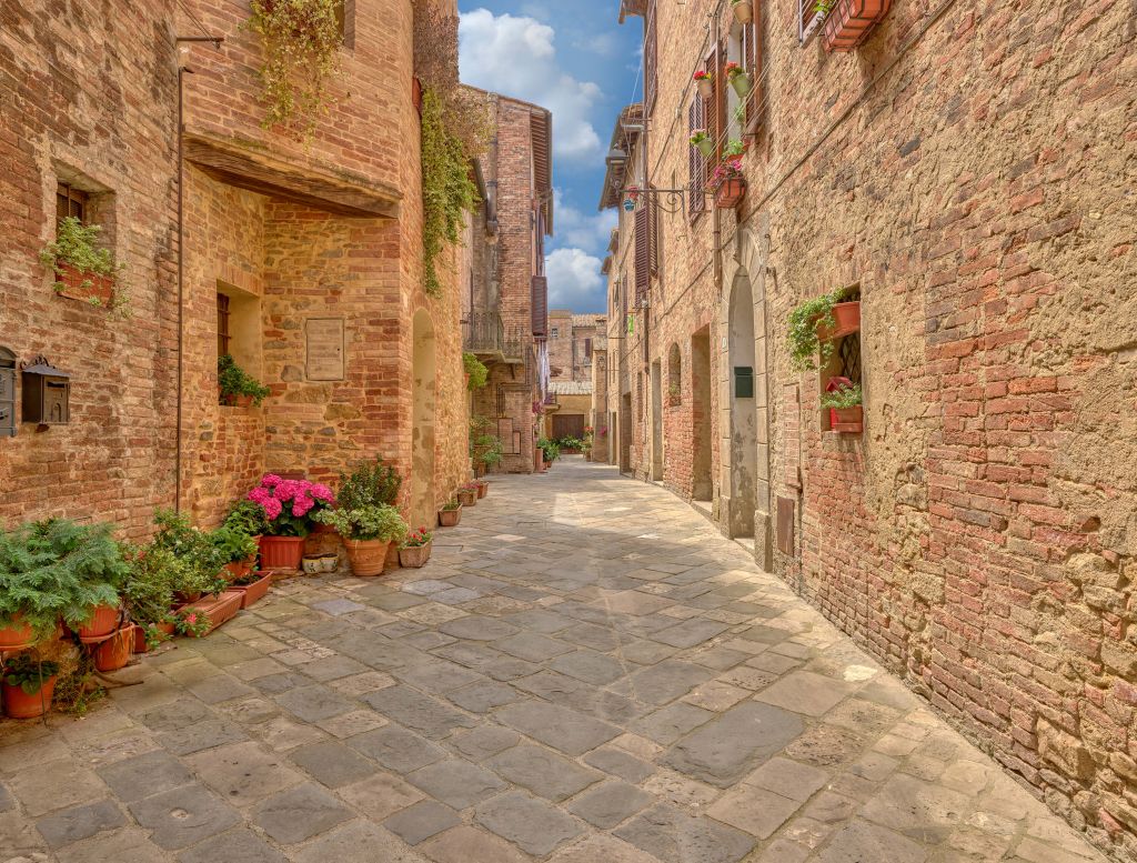 Italienische Straße mit Pflanzen und Blumen