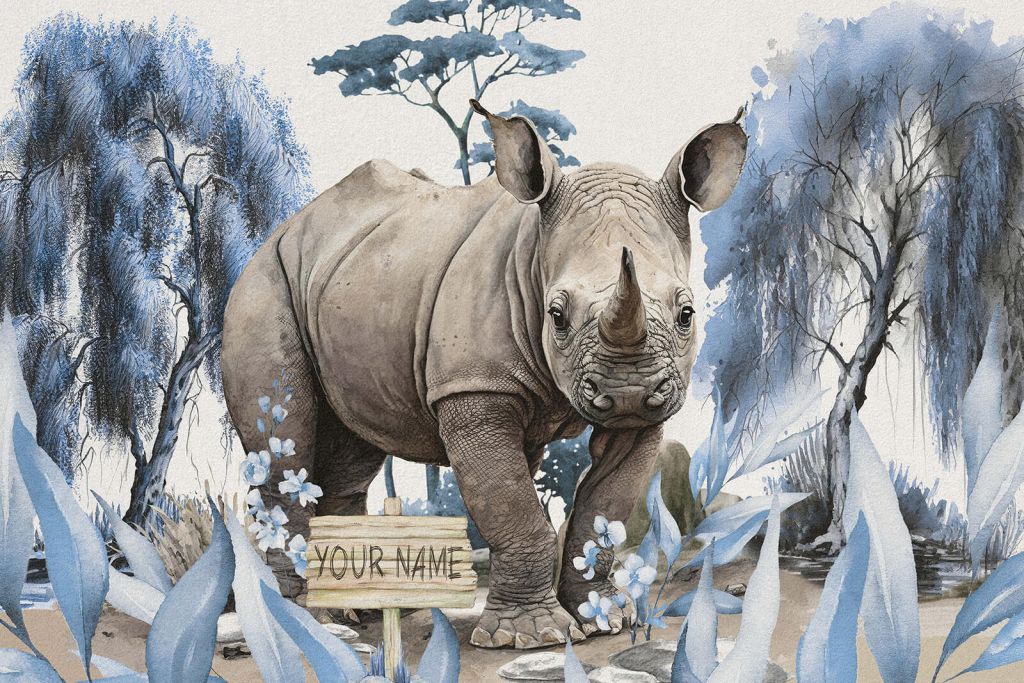 Baby-Nashorn in der Savanne blau