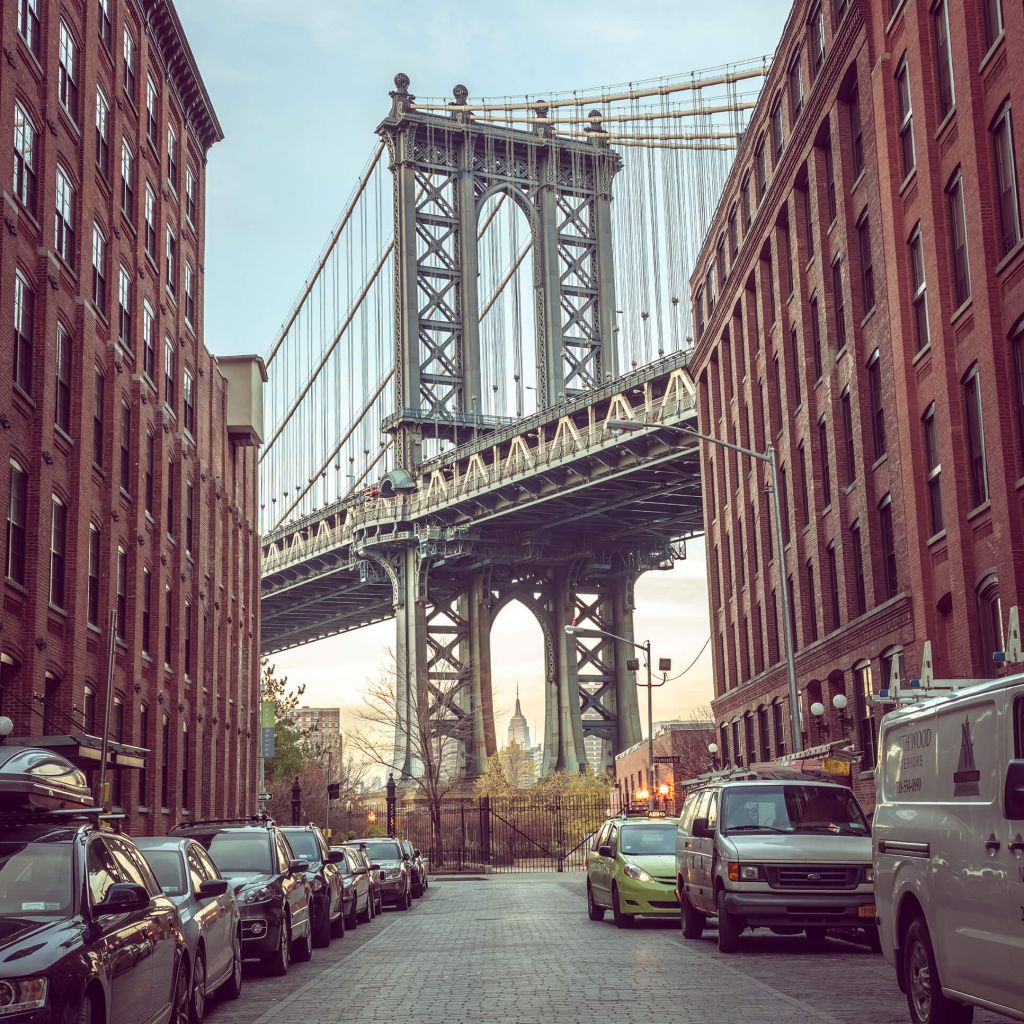 Manhattan Bridge seen from the Dumbo neighborhood in Brooklyn, New York